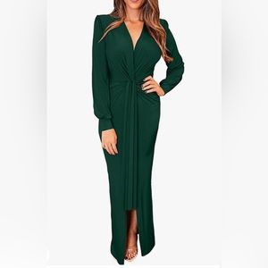 Long Sleeve Maxi Bodycon Dress V Neck Twist Front Ruched with Slit